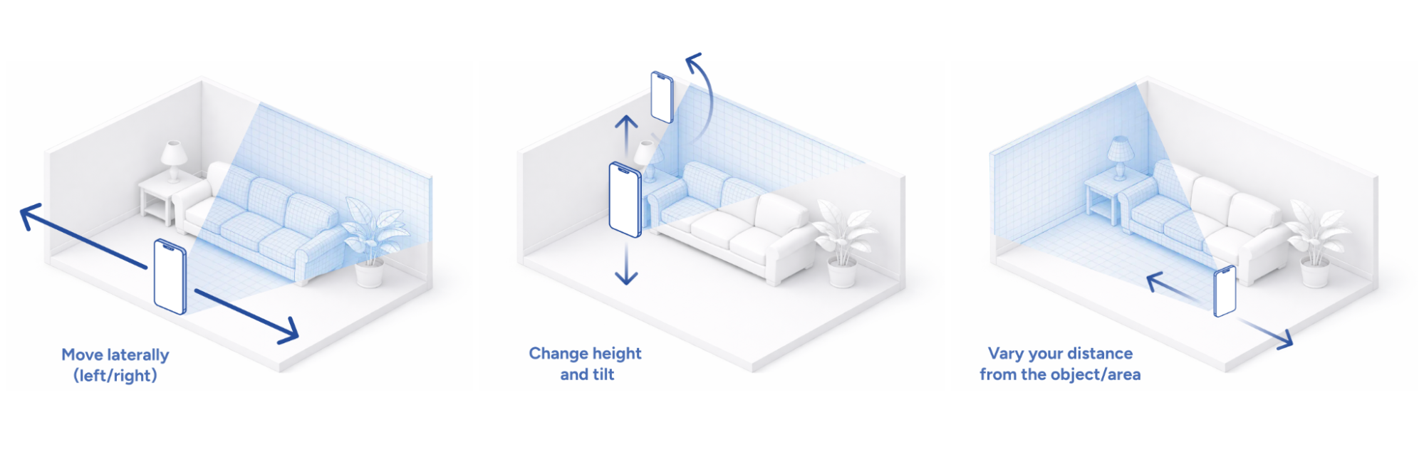 Phone moves side to side, up/down, and closer/far from table, lamp, and sofa.