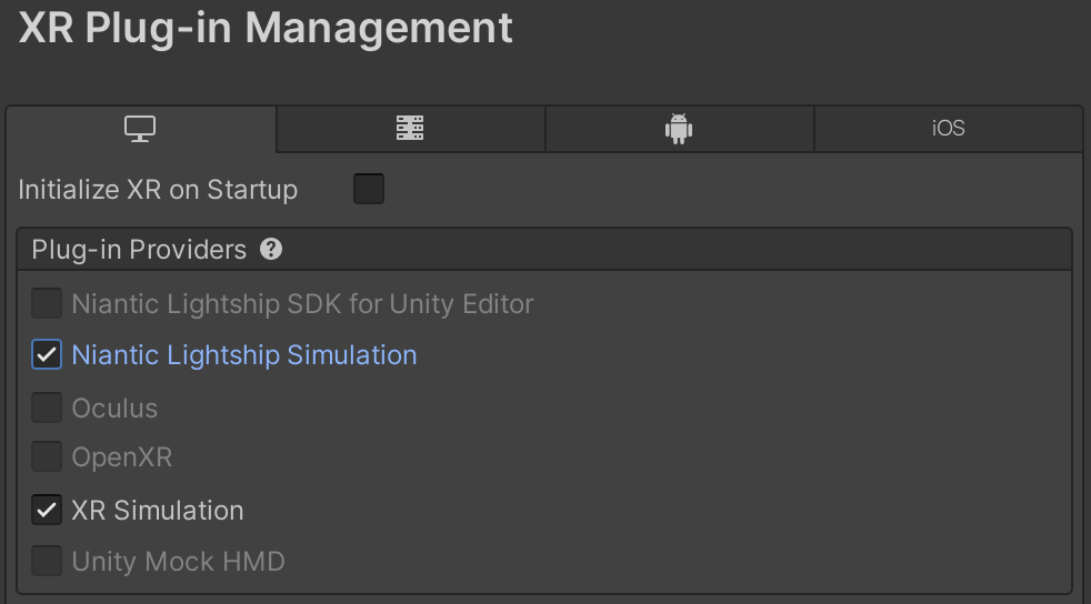 Selecting Niantic Spatial Development Kit Simulation in XR Plugin Management